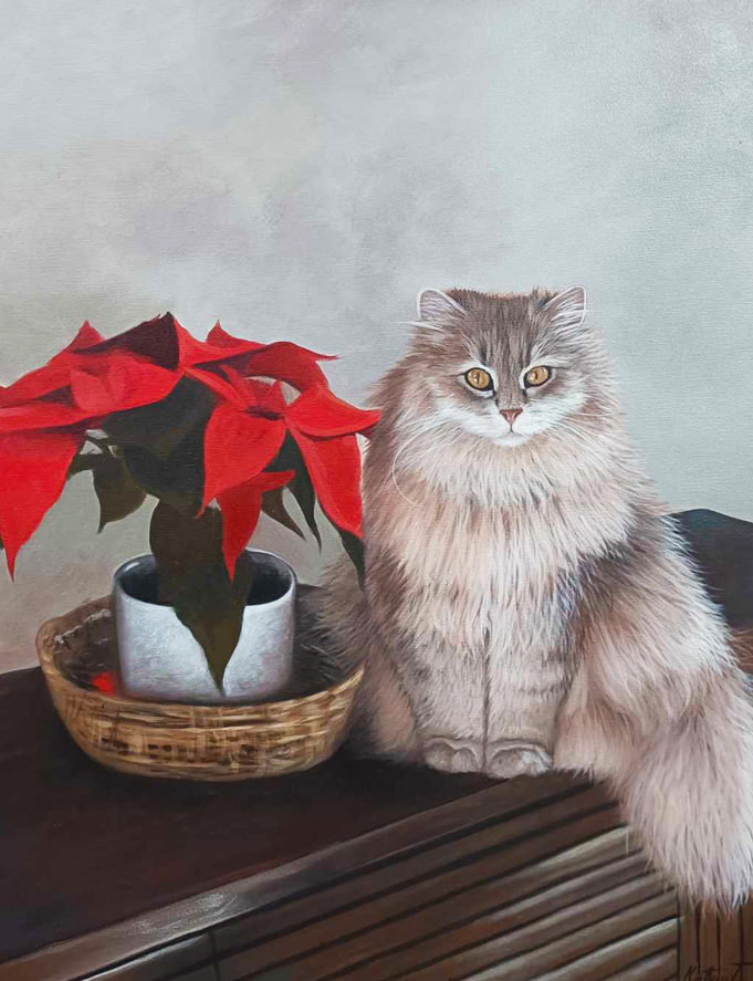 Peinture d'un chat et d'une plante