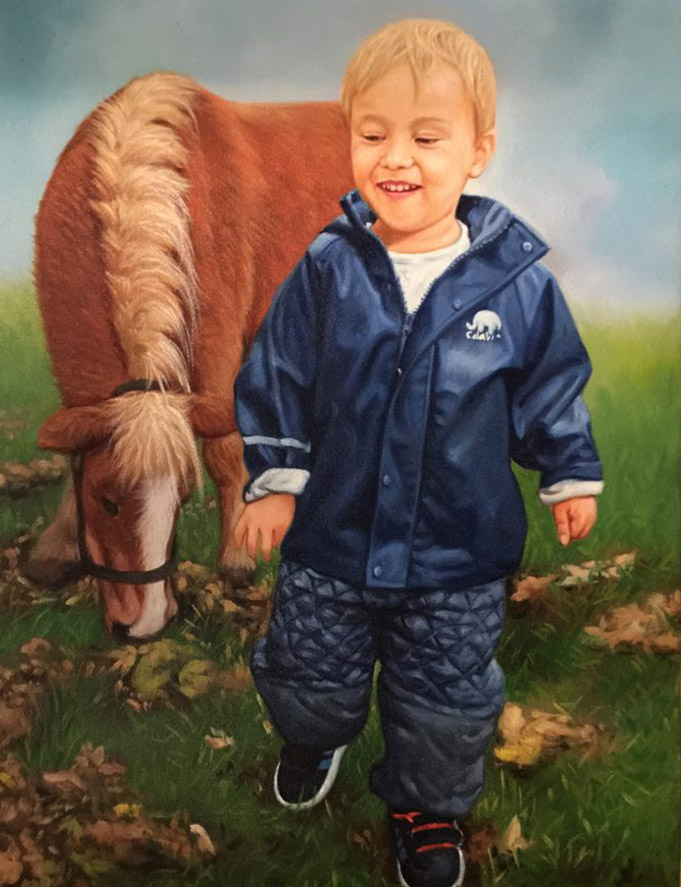 Peinture à l'huile d'un enfant avec un cheval