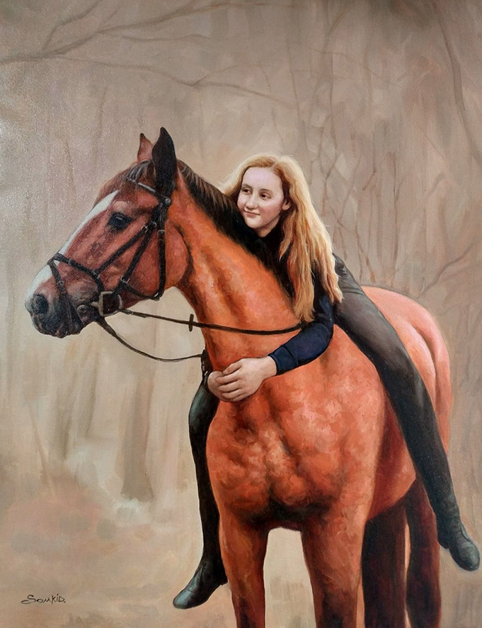 Peinture d'une fille et de son cheval